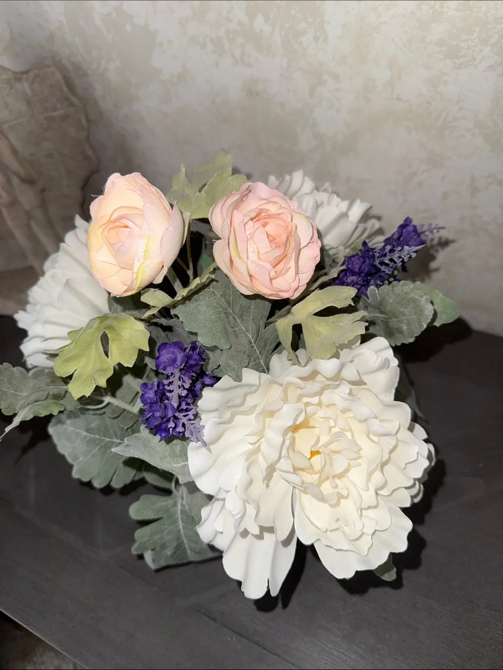 Cream Peony and Lavender Faux Floral Arrangement in Cream Pot